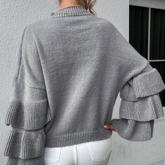 Dark Gray Layer Sleeve Ruffle Pullover Sweater - Picture 4 of 4